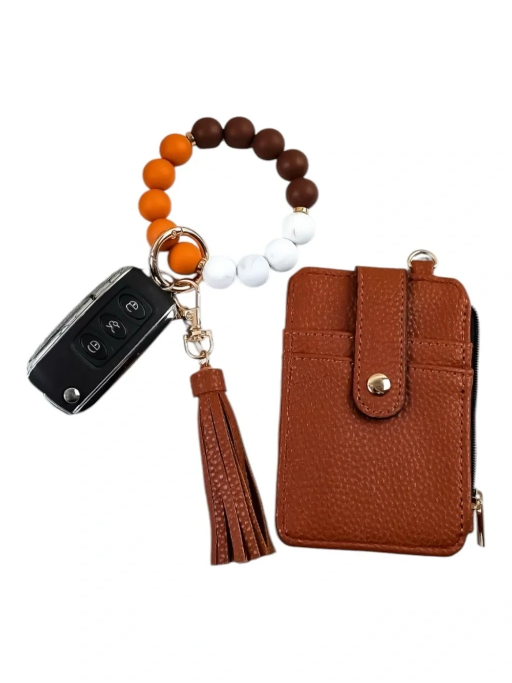 Dark Brown Leather Wristlet Keychain with Orange and White Beads